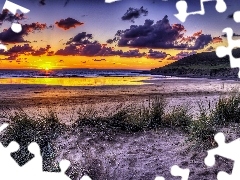Ocean, Plaża, Niebo, Zachód Słońca