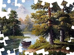 Malarstwo, Łódka, Jezioro, Las
