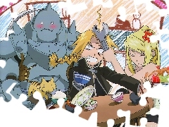 zwierzaki, klucz, kłótnia, Full Metal Alchemist, dziewczyna, robot, ludzie