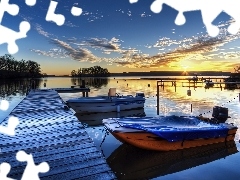 Zachód, Jezioro, Molo, Słońca, Łódki